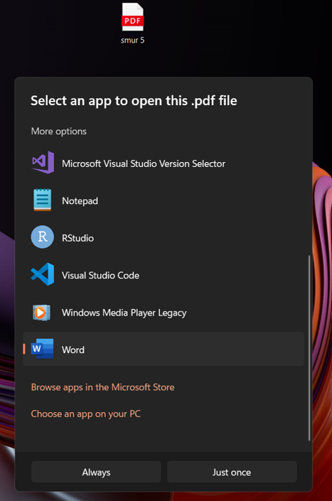 selected pdf to open as word