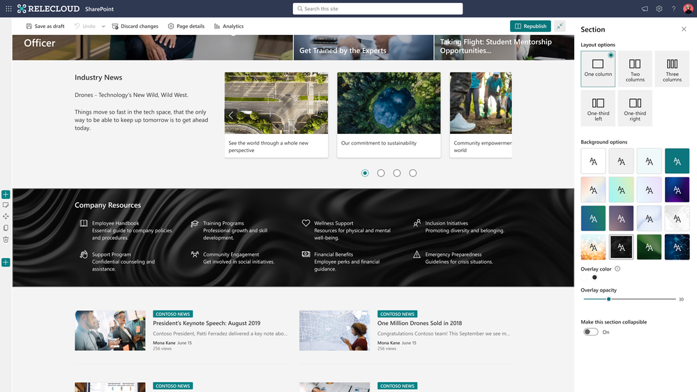 Customize your SharePoint pages and news by configuring the section layouts with custom images or gradient color.