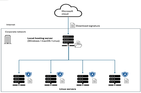 Figure 1: High-level process flow diagram showing signatures downloading to local server and then being propagated to the Linux Endpoints