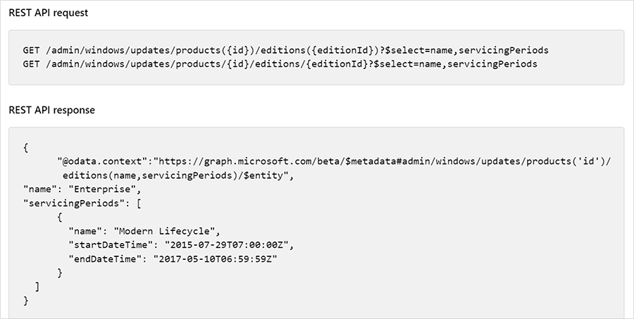 Screenshot of a Graph API request and the response for servicing periods for Windows products.