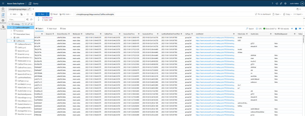 Example of how the transformed call records look in Azure Data Explorer