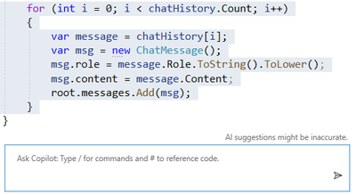 GitHub Copilot Chat dialog showing selected code with instructions to enhance code quality using the /optimize command in Visual Studio's chat interface