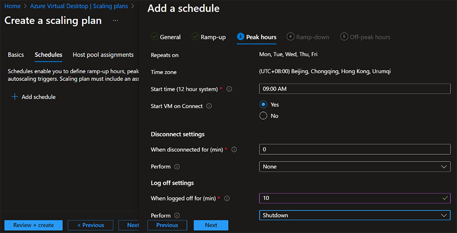 A screenshot of a personal scaling plan in Azure Virtual Desktop. The Peak hours is shown as repeating from Monday to Friday at 9:00 AM Beijing time, starting VM on Connect is enabled. Disconnect settings are set to None. Log off settings are set to shut down after 10 minutes.