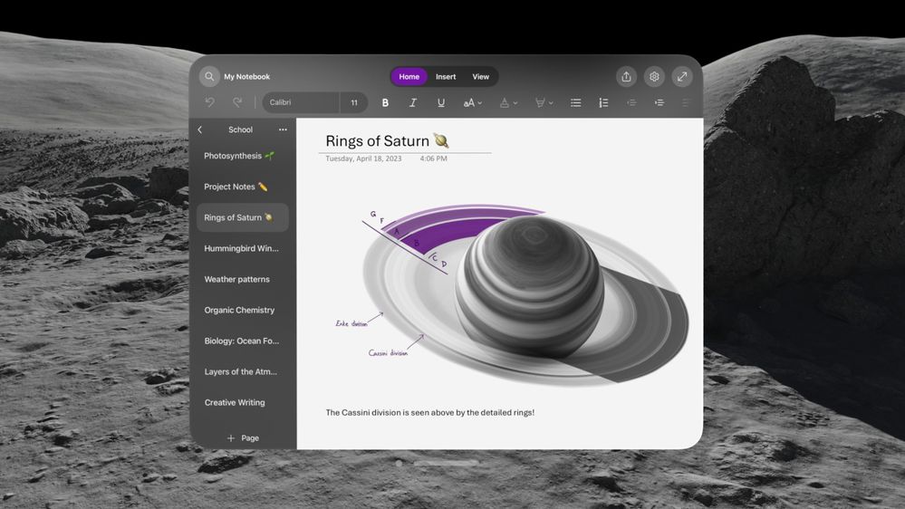 screenshot showing Onenote on the Apple vision pro