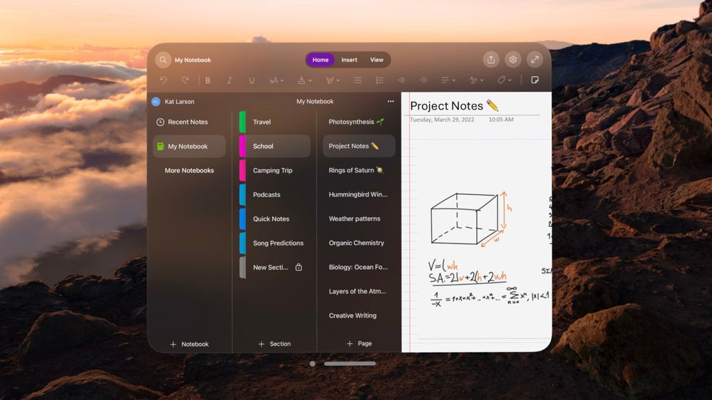 Screenshot showing Microsoft OneNote on the Apple Vision Pro.