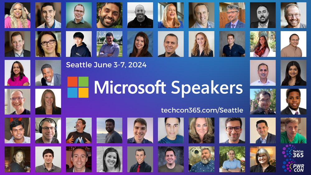 Join Microsoft, MVPs and the best community in tech for TechCon365 & PWRCON Seattle 2024 | June 3-7, 2024 | TechCon365.com/Seattle. Graphic: A collage of all the Microsoft speakers presenting in Seattle, WA.