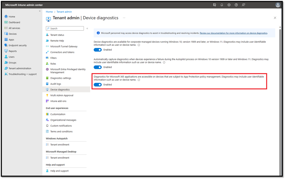 Figure 1. How to enable or disable the remote Microsoft 365 application diagnostics feature.