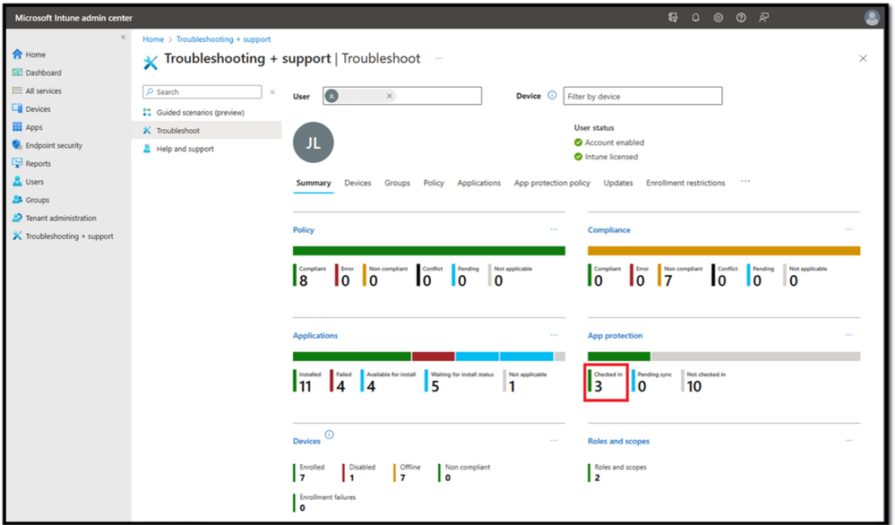 Figure 2. The troubleshooting pane and Intune app protection report.