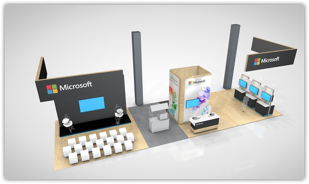 Rendering of the Microsoft Lightning Talk Stage and Microsoft Booth in the M365Con Expo Hall. Come say "Hi."