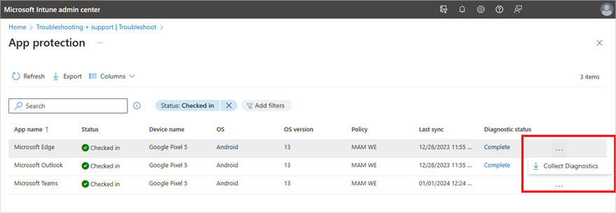Screenshot of an admin center sending a Collect Diagnostics command from the Troubleshoot pane.png