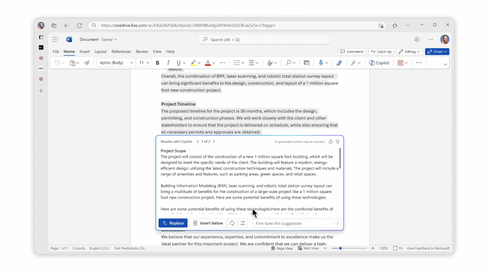 A user has a Word document open. They select a specific section called “Project Timeline”, open Copilot, and in the “Fine-tune” section enter “Include details about the budget. Copilot edits the selected text based on the prompt.
