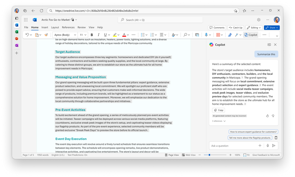 An image of a Word document for a Go-to-market strategy. The user has highlighted a section of the text and prompted Copilot so summarize. Copilot shared a summary of the selected text.