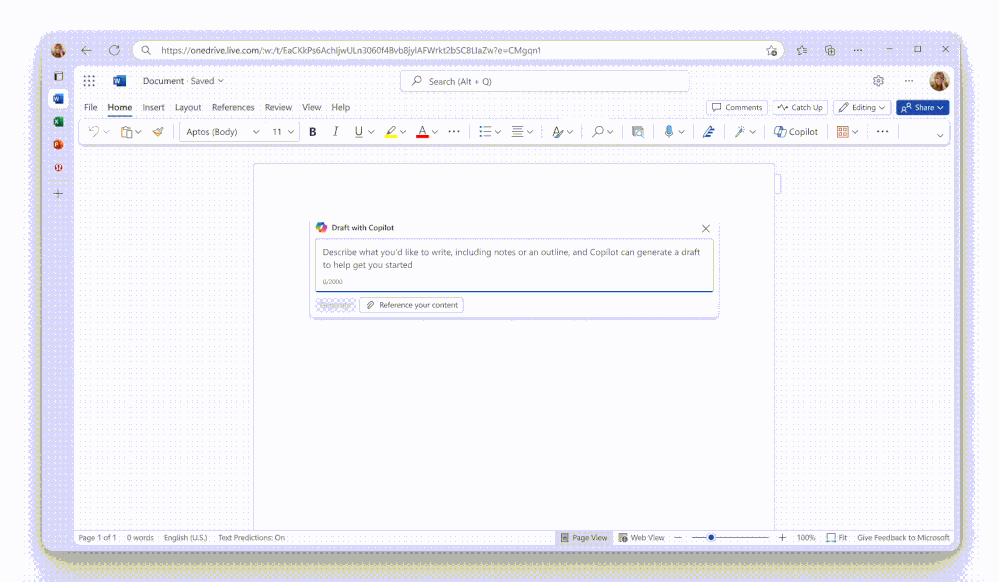 A GIF shows a user with a blank Word document open. They activate Copilot and request to "Create a 1-page presentation" using two files. An "i" icon indicates that one of the files has a sensitivity label. Copilot generates the new document, and a yellow banner appears, indicating that Copilot automatically applied the sensitivity label from the referenced file.