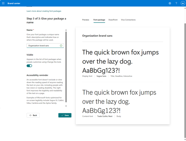 Adding a custom font to the SharePoint brand center in Microsoft 365.