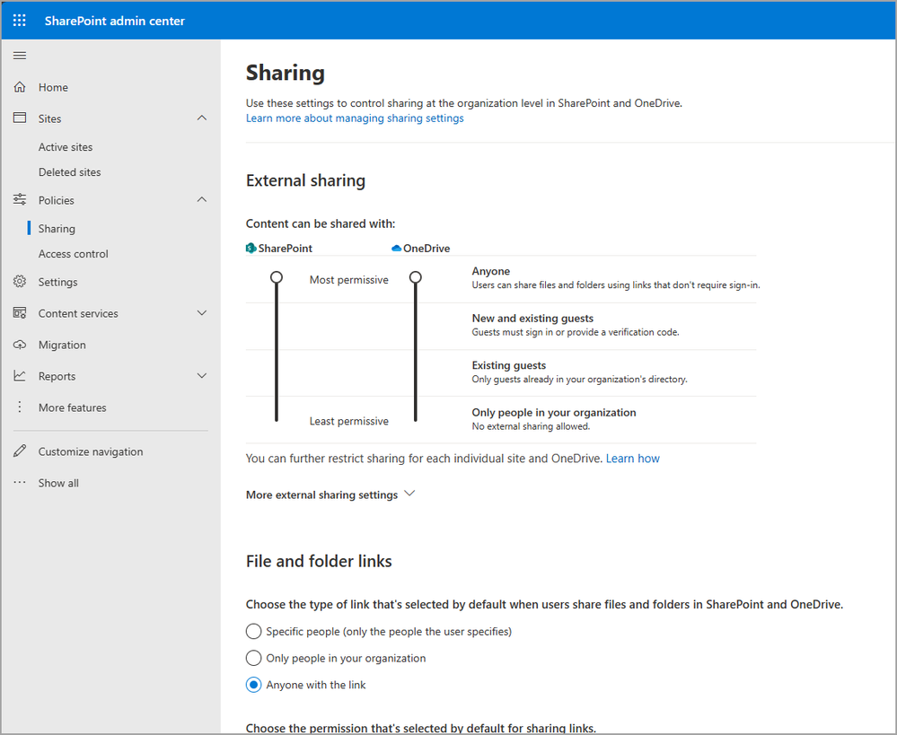 The sharing admin controls within the SharePoint admin center now apply to Loop components to allow guest sharing.