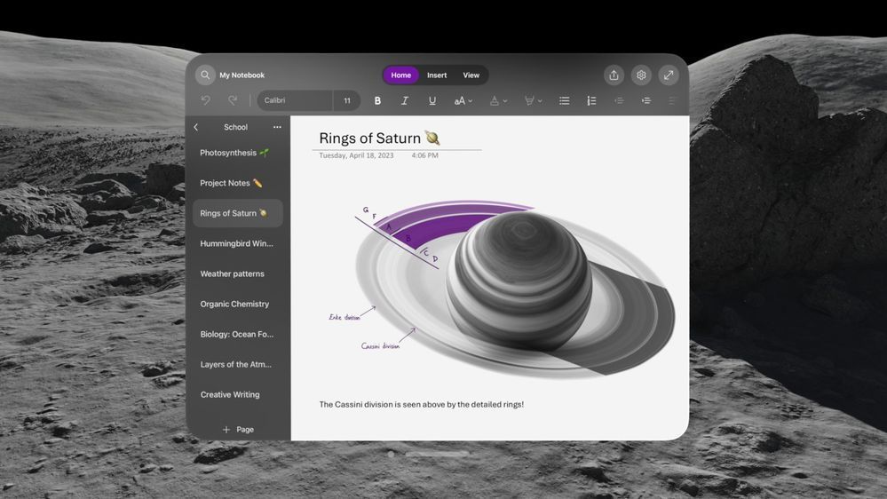 Working with OneNote in the Apple Vision Pro spatial computing experience.