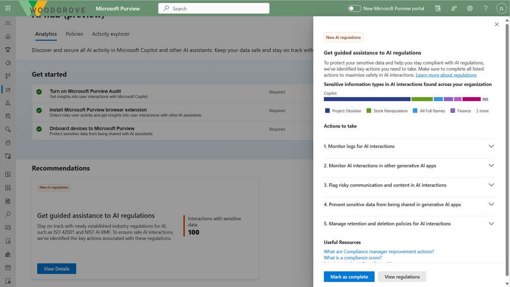 Figure 3: Get guided assistance to AI regulations in the Microsoft Purview AI Hub