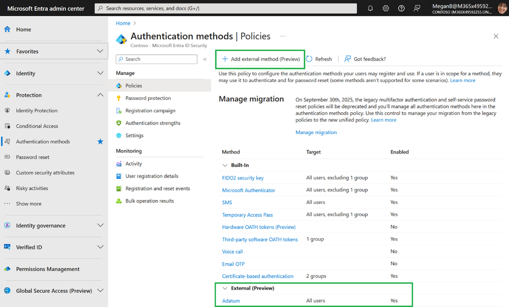 Figure 1: External authentication methods are added from and listed in authentication methods policies admin experience.