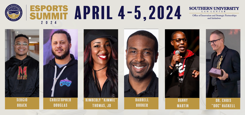 A graphic image showcasing the speakers at the SULC Esports Summit on April 4-5, 2024.