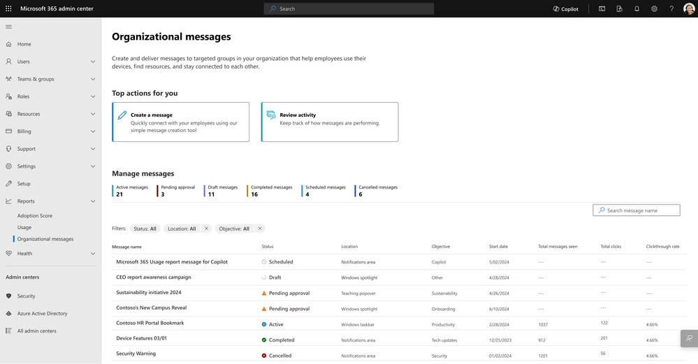 An image showing the Microsoft 365 admin center organizational messages message management console
