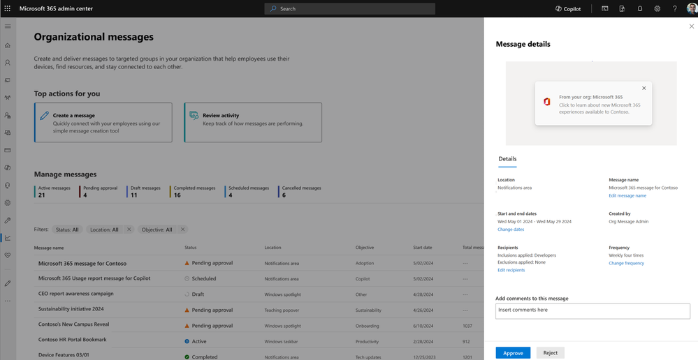 An image of the message approval process in the Microsoft 365 admin center.