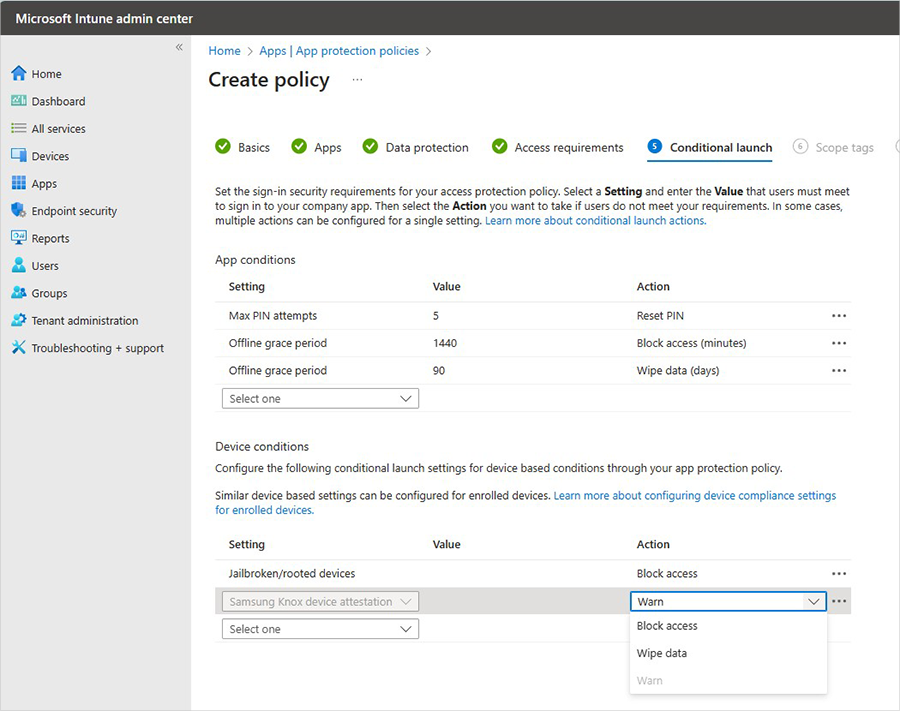 Screenshot of showing how to set a policy for specific device conditions in the Microsoft Intune admin center that warns the IT administrator if Samsung Knox device does not pass attestation.
