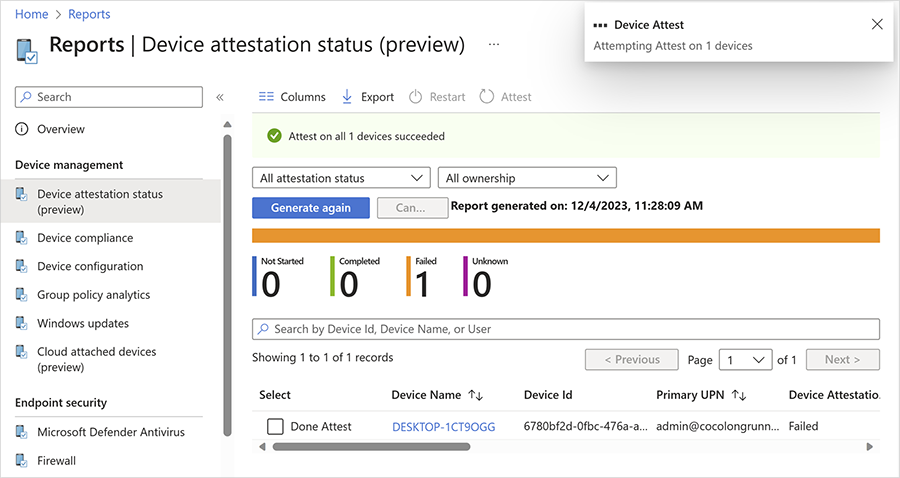 Screenshot of the preview of the device attestation status report in the Intune admin center listing the name, ID, and primary UPN of a device that failed device attestation.