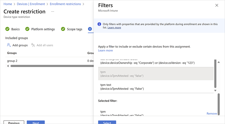 Screenshot of the enrollment restrictions filters screen in the Intune admin center where you can apply a filter to include or exclude certain devices from the assignment.