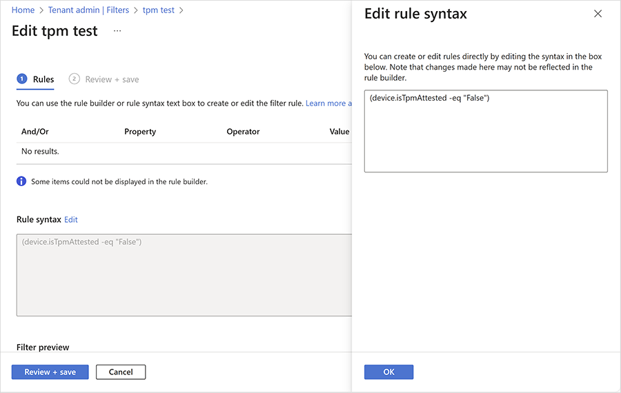Screenshot of what an IT admin would see when editing rule syntax for a given filter.