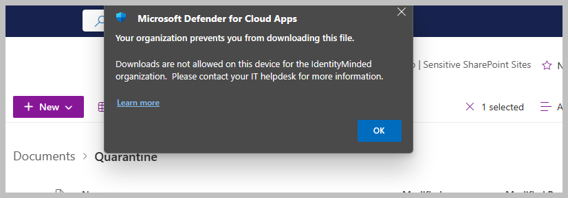 Figure 2: A block message from Defender for Cloud Apps to prevent the download of a sensitive file within the Edge browser