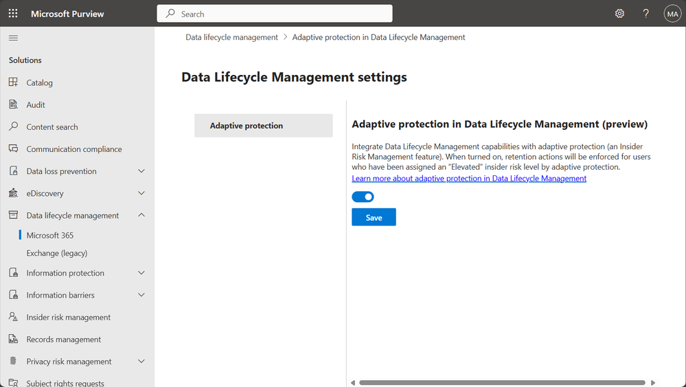 Figure 2: Enable the preview for in the Microsoft Purview Data Lifecycle Management setting page.