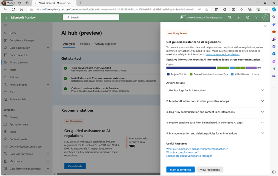 Figure 4: Get guided assistance to AI regulations in the Microsoft Purview AI Hub