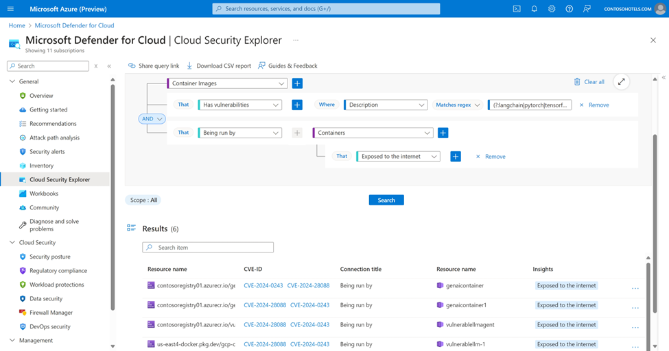 Using the cloud security explorer in Defender for Cloud to discover container images with CVEs on their AI-libraries that are already deployed in containers in Azure, AWS and GCP.