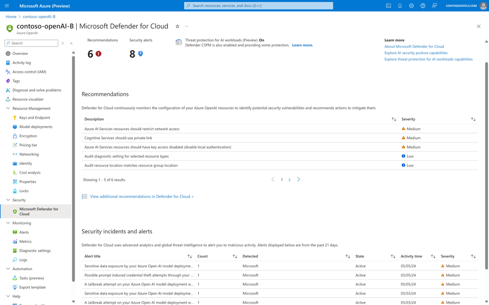 Recommendations and alerts surfaced directly in the resource page of Azure OpenAI in the Azure portal, aiming to meet business users and resource owners directly.