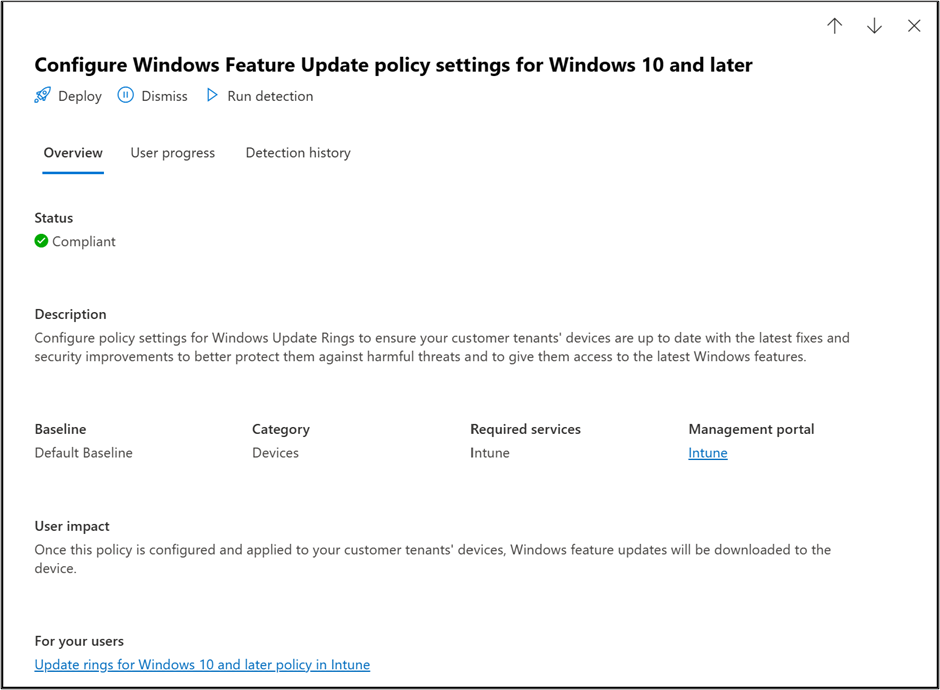 A screenshot showing the Windows Feature Update policy task details pane