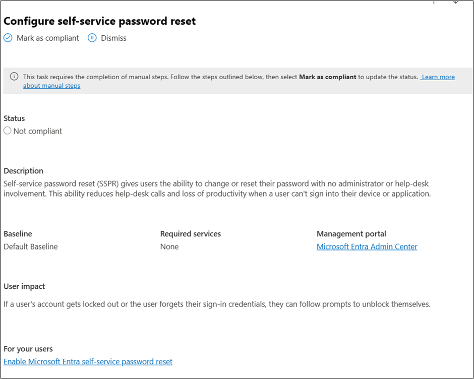 A screenshot showing the Configure self-service password reset task within the default baseline