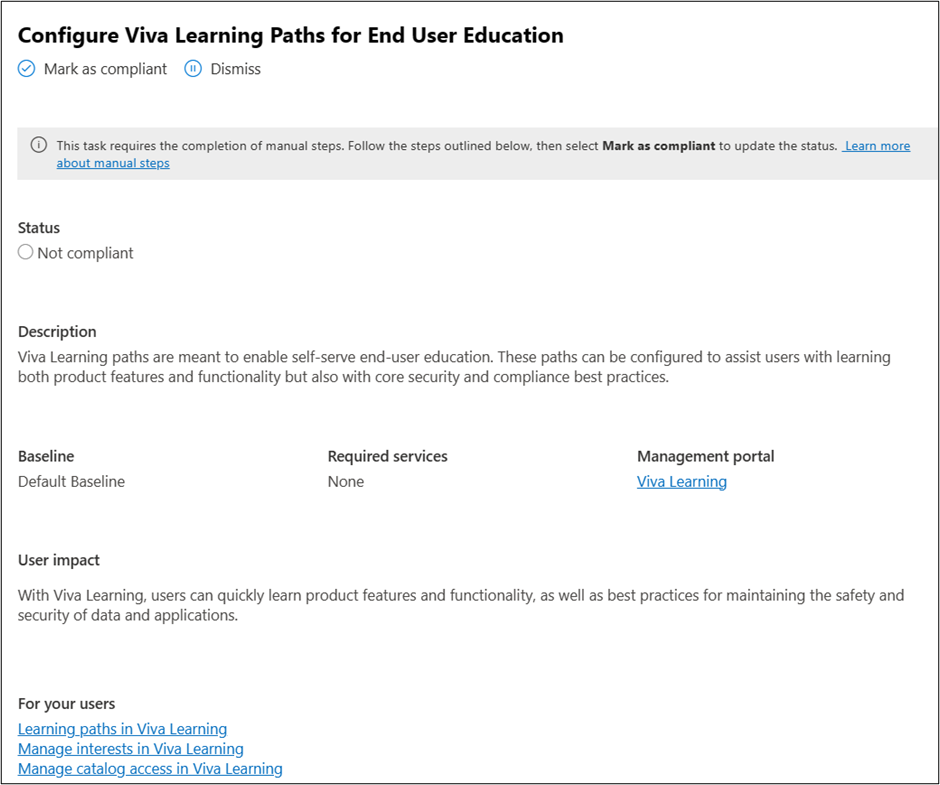 A screenshot showing the Configure Viva Learning paths task within the default baseline