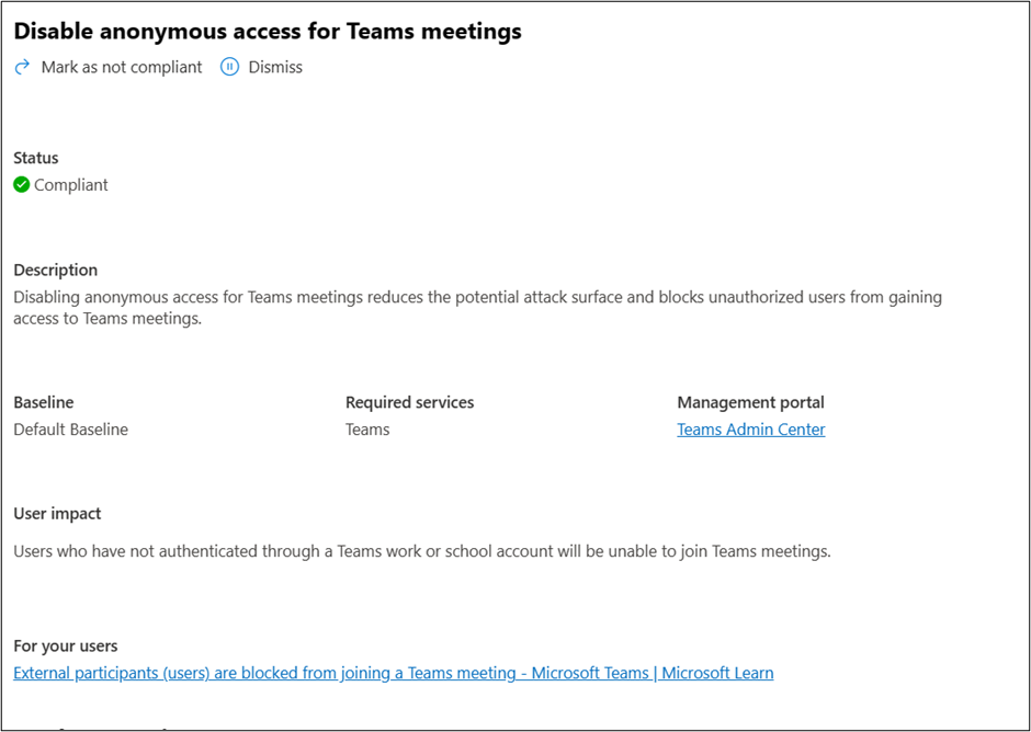 A screenshot showing the Disable anonymous access for Teams meeting task within the default baseline