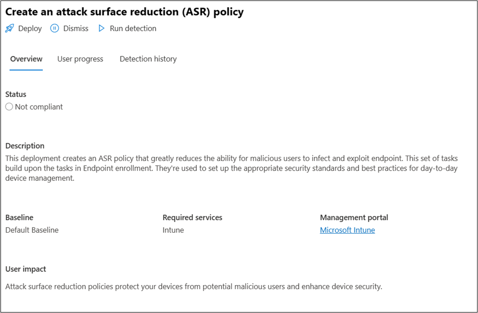 A screenshot showing the Create an attack surface reduction policy task within the default baseline