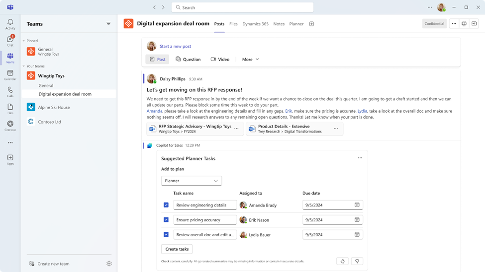 Screenshot of AI-powered Planner Tasks in Copilot for Sales.
