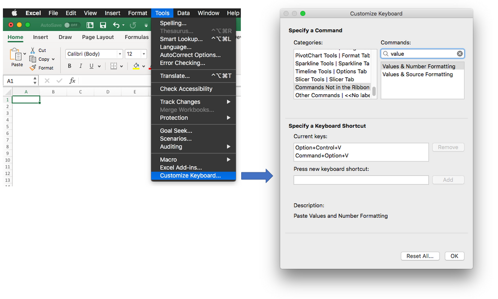 screen shot of Customize Keyboard in Excel for Mac
