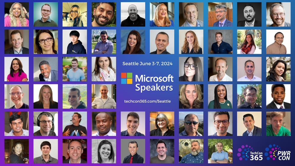 Join Microsoft, MVPs and the best community in tech for TechCon365 & PWRCON Seattle 2024 | June 3-7, 2024 | TechCon365.com/Seattle. Graphic: A collage of all the Microsoft speakers presenting in Seattle, WA.