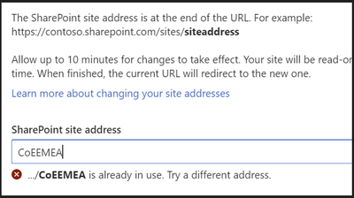 Unable to change SharePoint site address