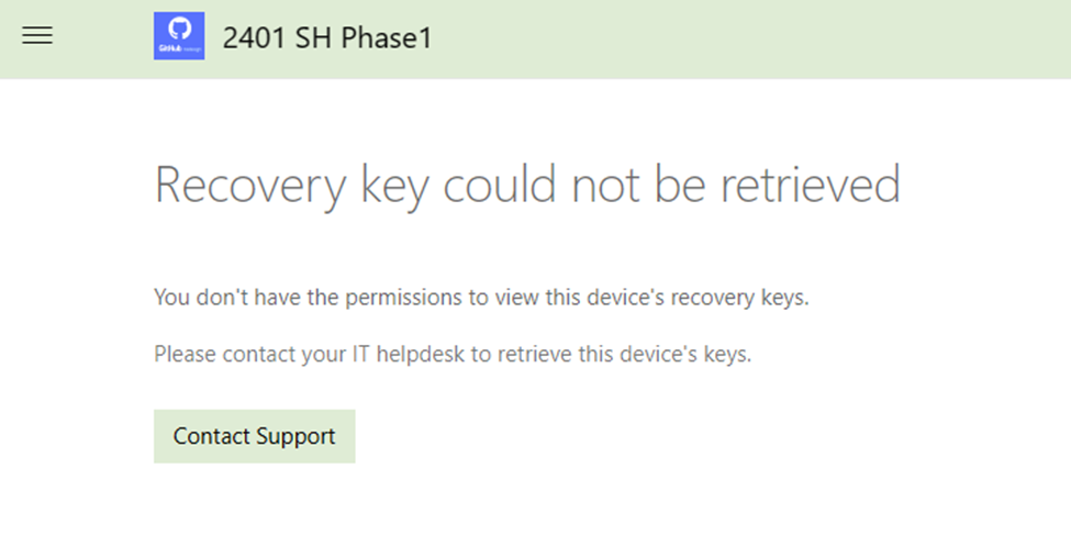Example scenario where a Windows recovery key could not be retrieved in the Microsoft Intune Company Portal website.