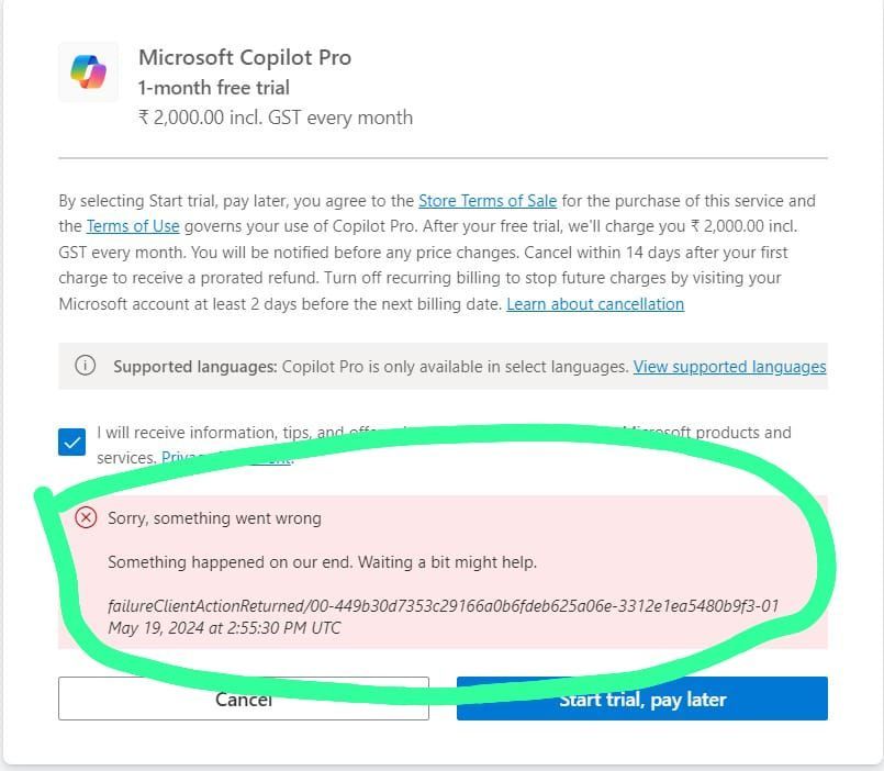 Unable to Pay for Subscription for Microsoft Copilot Pro and Python in MS Office 365 and Power BI.