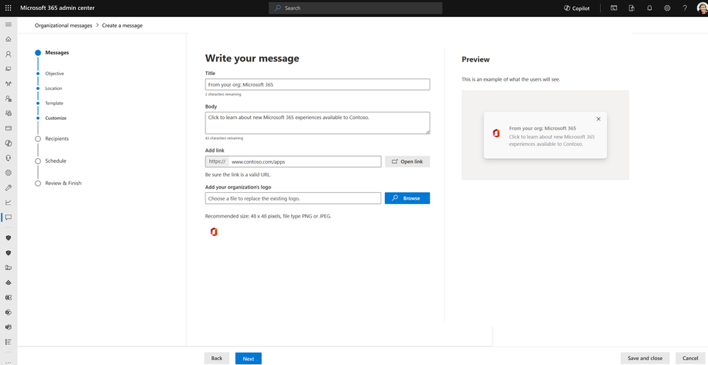 Creating organizational messages in the Microsoft 365 admin center.