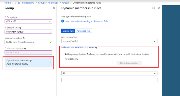 Creating a dynamic membership rule in Azure Active Directory.