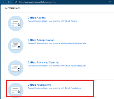 Imagen que muestra los diferentes exámenes que puedes agendar en la página de GitHub Certifications