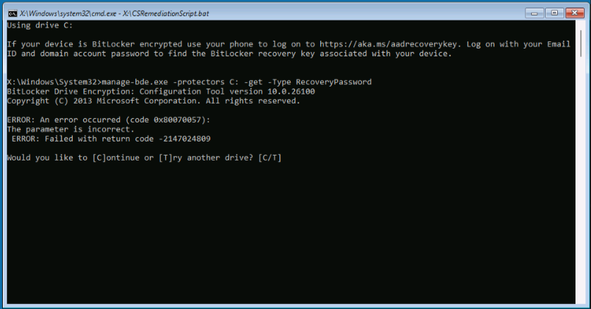 Screenshot of remediation script to try another drive