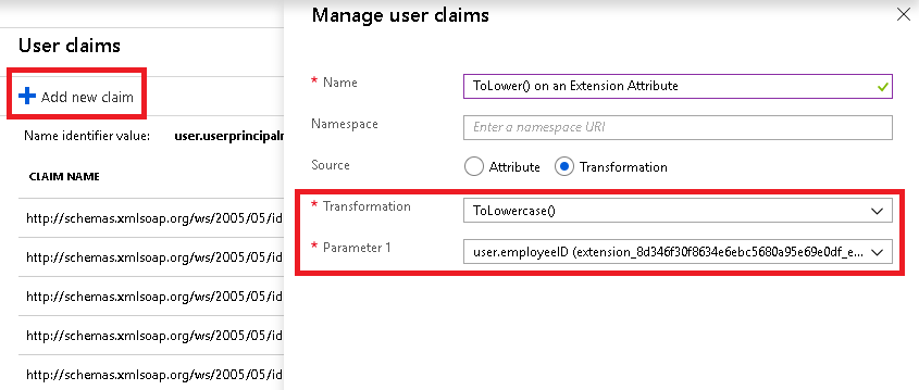 Adding a new claim using the ToLowercase() transformation on an extension attribute